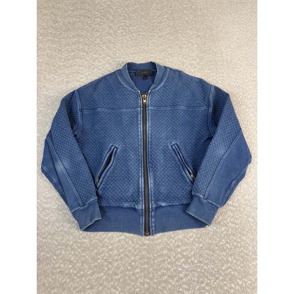 J Crew Jacket Womens Small Blue Cotton Quilted Bomber Full Zip Knit Pockets